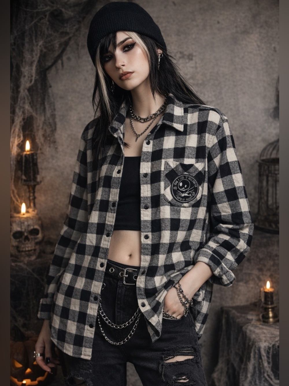 Disney Nightmare Before Christmas Jack Skellington XL Plaid Flannel Shirt Emo B